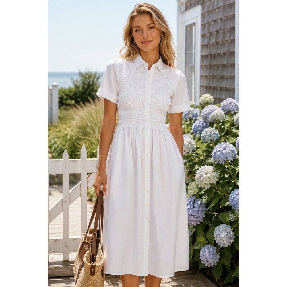 J Crew Elsie Shirt Dress Womens XL White Cotton Poplin Smocked Button Up CP995 - Picture 10 of 15